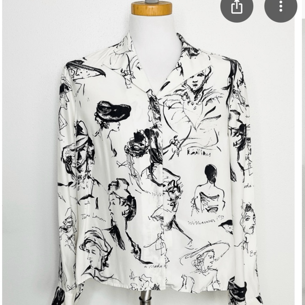 Rare! Rena Rowan Fashion Sketch portrait Print Blouse